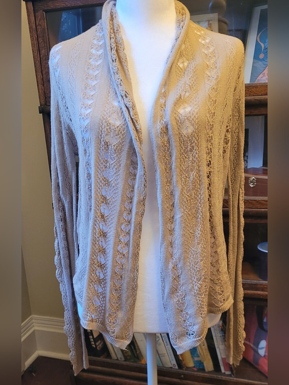 Lightweight Open-Front Lace Knit Cardigan - Beige